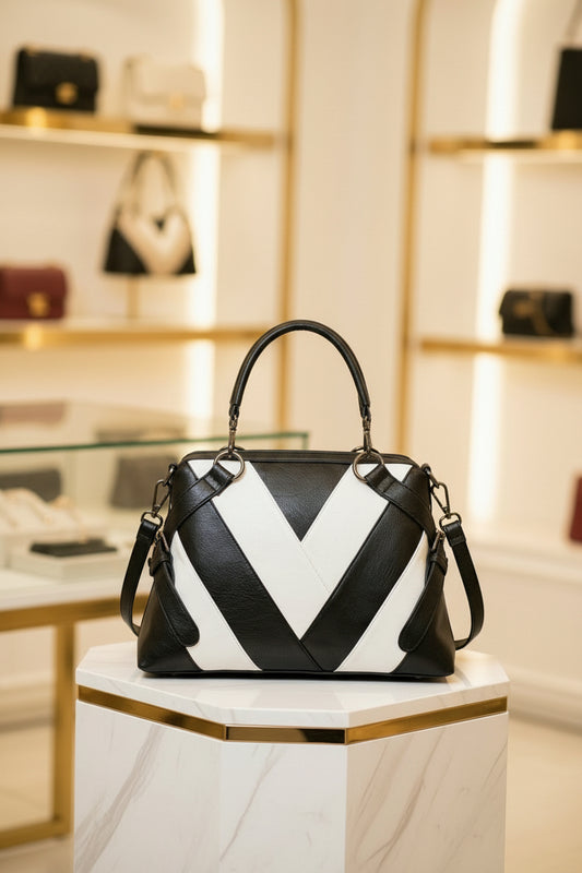 Luxury Black & White Chevron Leather Tote |Premium Designer Handbag - RIZE.OFFICIAL