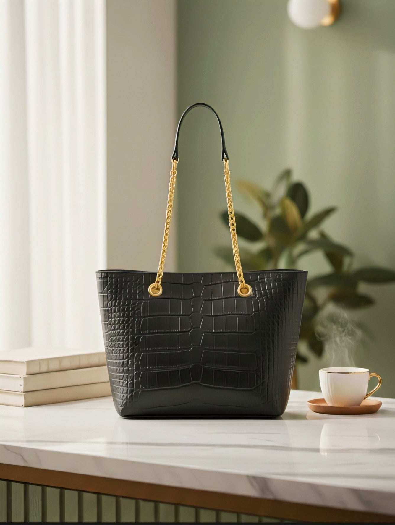Luxury Crocodile-Embossed Leather Tote Bag for Women | Elegant Chain Handle Designer Shoulder Bag - RIZE.OFFICIAL