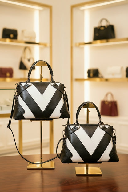 Luxury Black & White Chevron Leather Tote |Premium Designer Handbag - RIZE.OFFICIAL