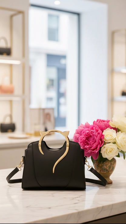 Elegant Cat-Ear Accent Leather Handbag – Chic Structured Satchel with Gold Hardware - RIZE.OFFICIAL