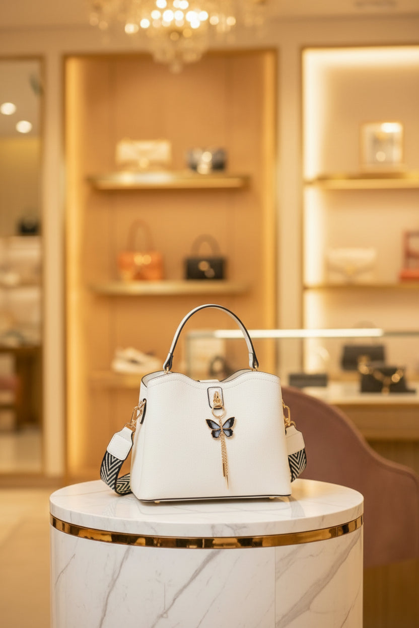 Elegance Lumière Premium Tote — White Luxe Edition with Butterfly Charm - RIZE.OFFICIAL