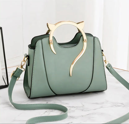 Elegant Cat-Ear Accent Leather Handbag – Chic Structured Satchel with Gold Hardware - RIZE.OFFICIAL