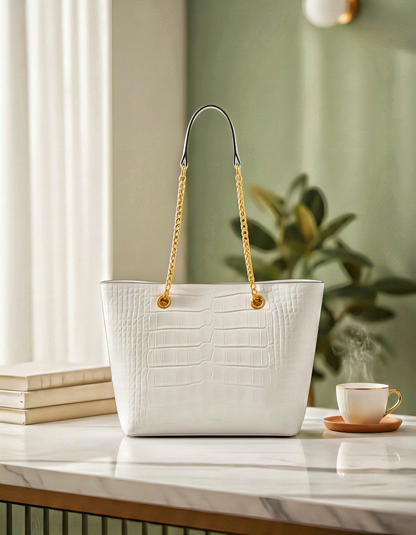 Luxury Crocodile-Embossed Leather Tote Bag for Women | Elegant Chain Handle Designer Shoulder Bag - RIZE.OFFICIAL