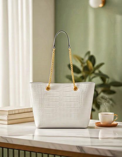 Luxury Crocodile-Embossed Leather Tote Bag for Women | Elegant Chain Handle Designer Shoulder Bag - RIZE.OFFICIAL