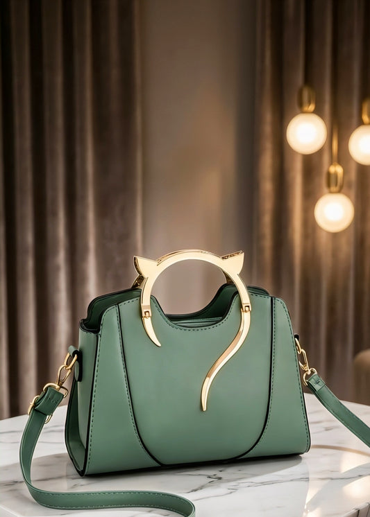 Elegant Cat-Ear Accent Leather Handbag – Chic Structured Satchel with Gold Hardware - RIZE.OFFICIAL
