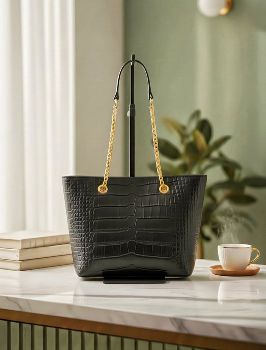 Luxury Crocodile-Embossed Leather Tote Bag for Women | Elegant Chain Handle Designer Shoulder Bag - RIZE.OFFICIAL