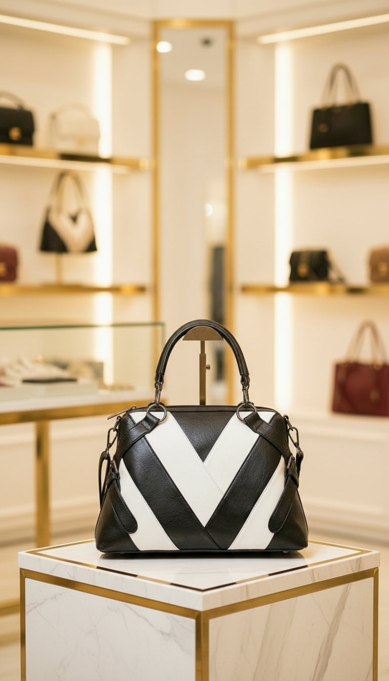 Luxury Black & White Chevron Leather Tote |Premium Designer Handbag - RIZE.OFFICIAL