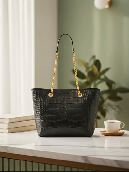 Luxury Crocodile-Embossed Leather Tote Bag for Women | Elegant Chain Handle Designer Shoulder Bag - RIZE.OFFICIAL
