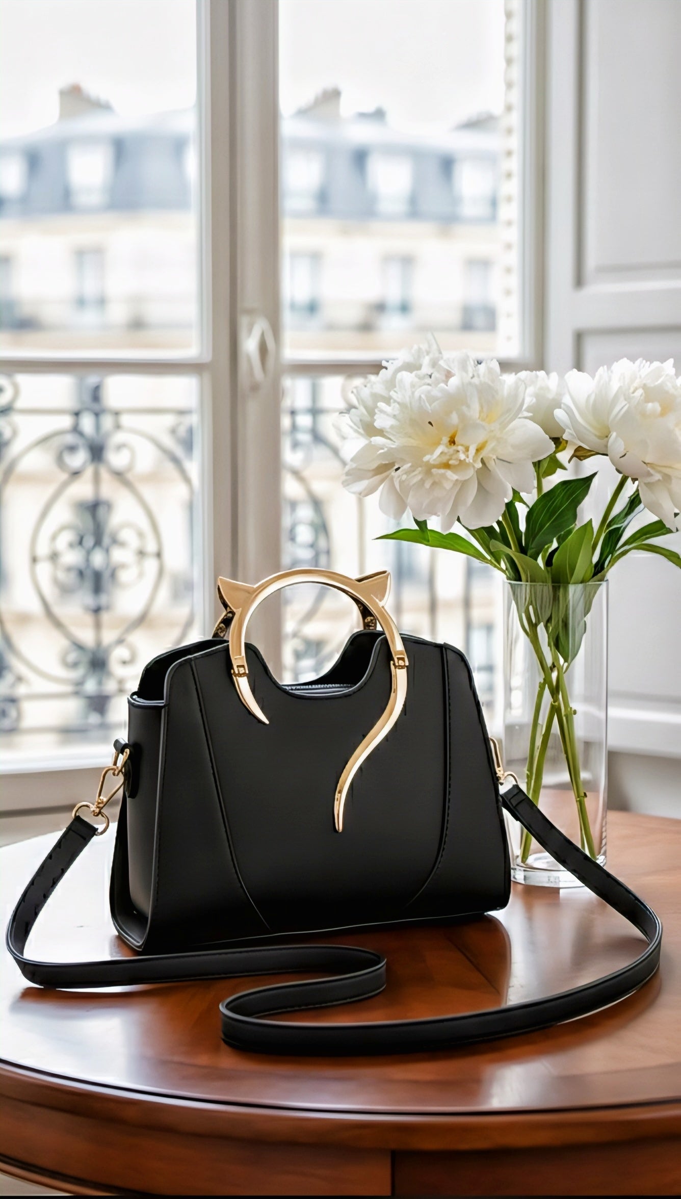 Elegant Cat-Ear Accent Leather Handbag – Chic Structured Satchel with Gold Hardware - RIZE.OFFICIAL