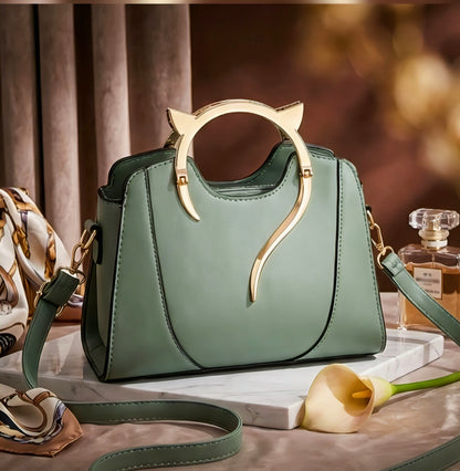Elegant Cat-Ear Accent Leather Handbag – Chic Structured Satchel with Gold Hardware - RIZE.OFFICIAL